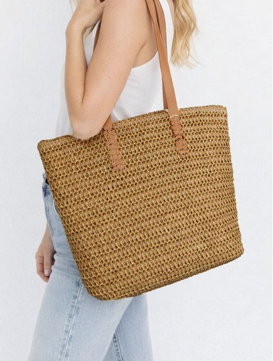 Fashion Weaved Straw Bag W/ Faux Leather Handle